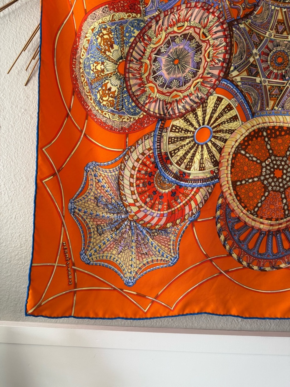Hermès Celestial Dome Paris Orange VintageSilk Scarf with Blue and Cream Accents - Picture 5 of 10